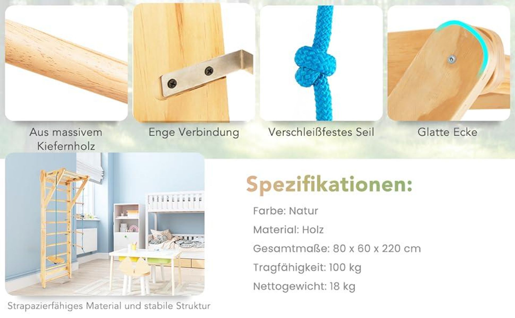 COSTWAY Sprossenwand, Kletterwand aus Holz, Klettergerüst Indoor, Turnwand Outdoor Turnwand, Gym Sportgerät, Tragfähigkeit von 100 kg