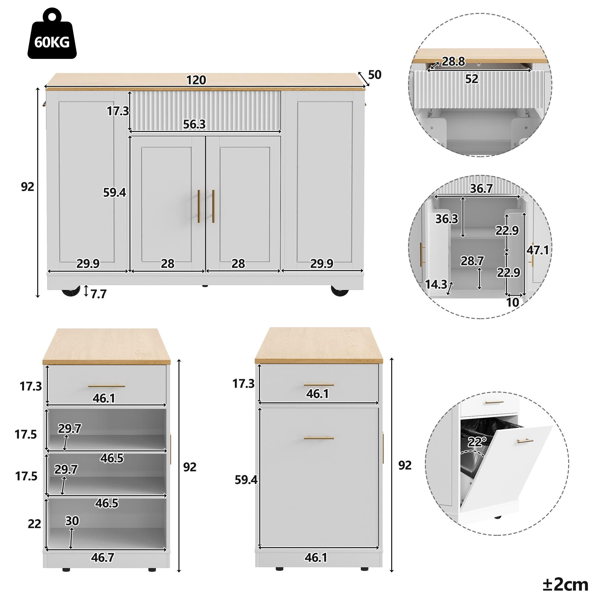 Flieks Servierwagen Kücheninsel mit Abfallbehälterfach, Küchenschrank Speisewagen mit 3 Schubladen und 2 Türen, 120 x 50 x 92 cm, Weiß