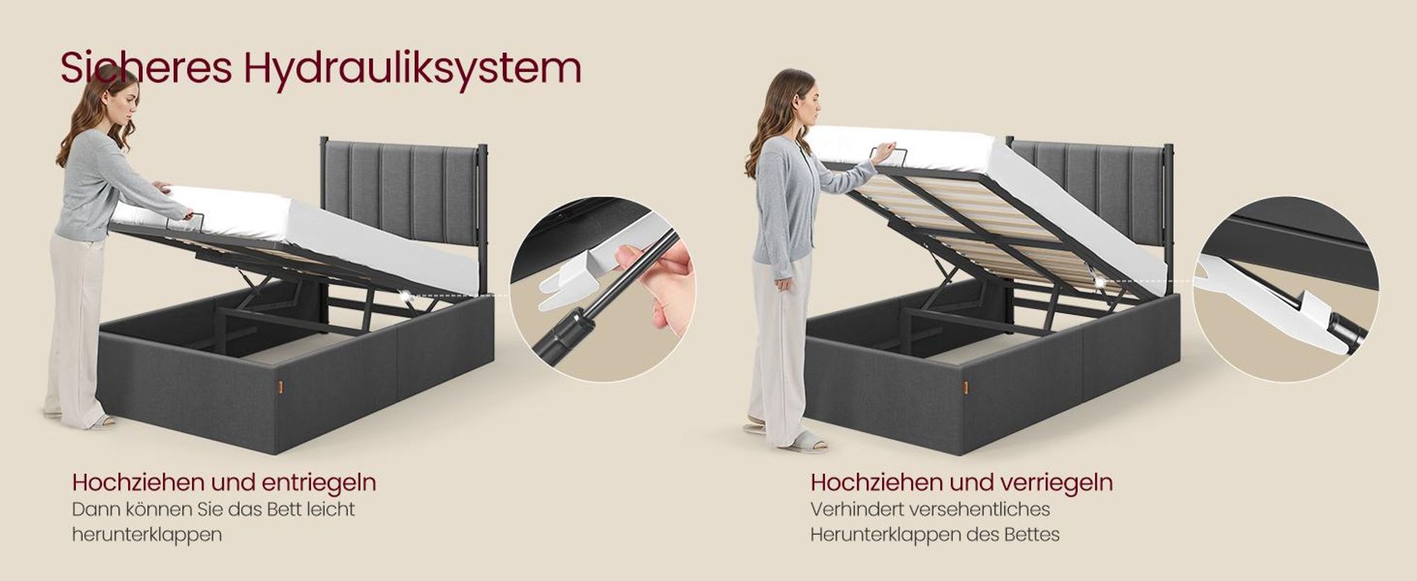 VASAGLE Polsterbett und Matratze Set, mit Stauraum 90x200 cm, 7-Zonen Taschenfederkern, Hydrauliksystem, Dunkelgrau, Blau