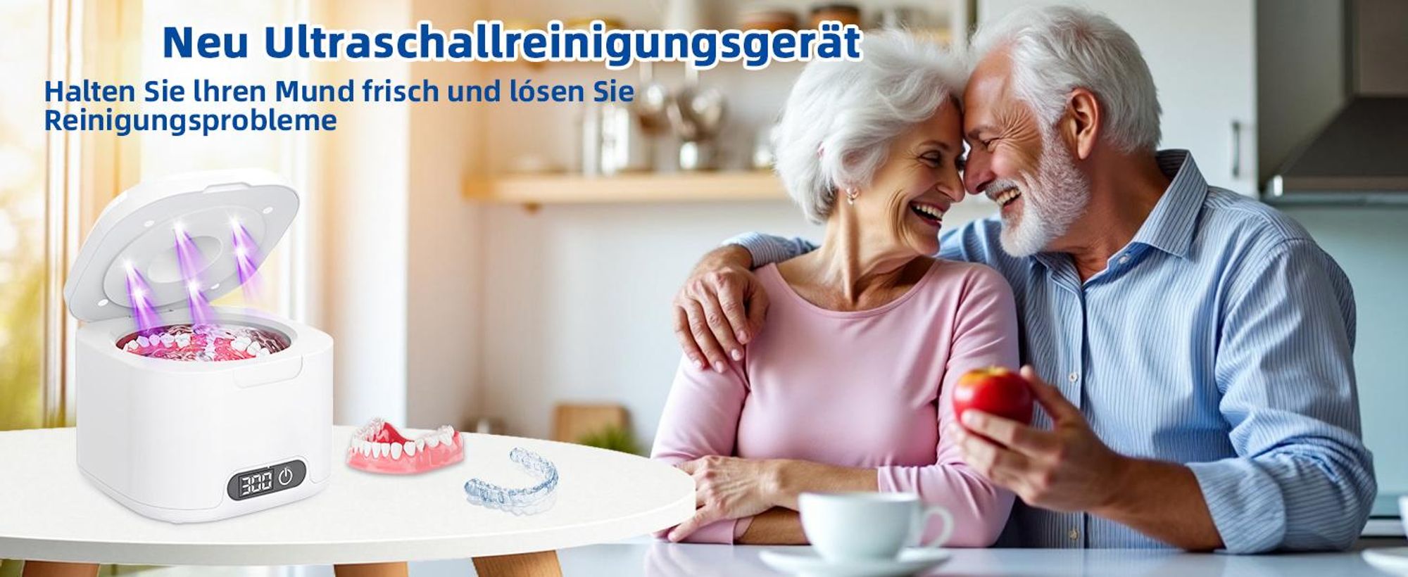 Ultraschallreiniger, Ultraschallreinigungsgerät, 50000Hz Ultrasonic Cleaner, 340ML Ultraschallgerät mit 6 UV-Licht & 4 Modes, für Zahnersatz, Retainer