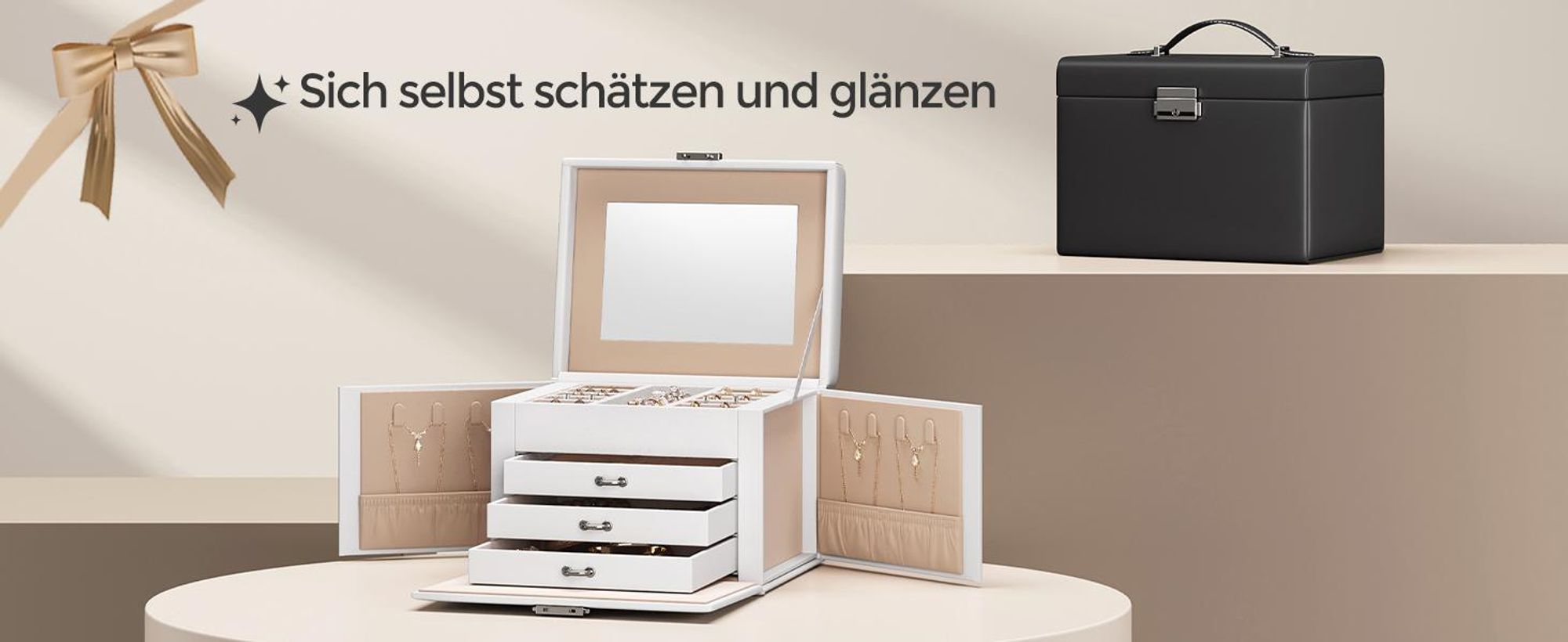 SONGMICS Schmuckkästchen 4 Ebenen, mit Griff, 3 Schubladen, Spiegel, Schloss