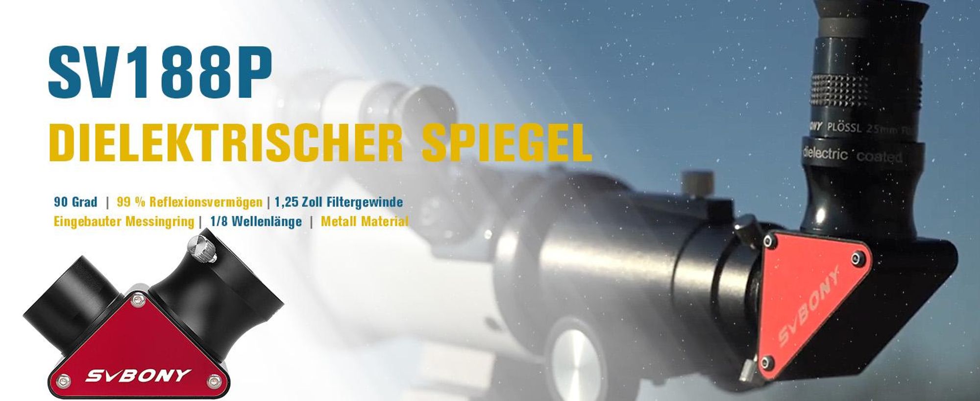 Svbony SV188P Teleskope Zenitspiegel, 1,25 Zoll 90 Grad Dielektrikum Diagonaladapter, 99% Reflexionsvermögen Aufrechtes Bild, Metall Diagonalspiegel Teleskop Zubehör