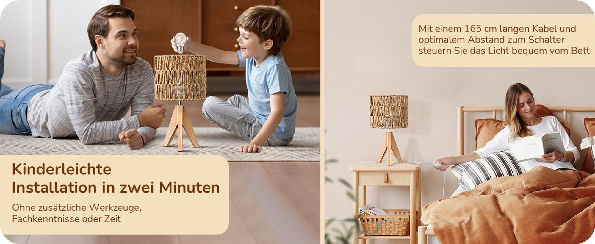 EDISHINE LED Nachttischlampe, Tischlampe mit Glühbirne, Boho Tischleucht warmweiß
