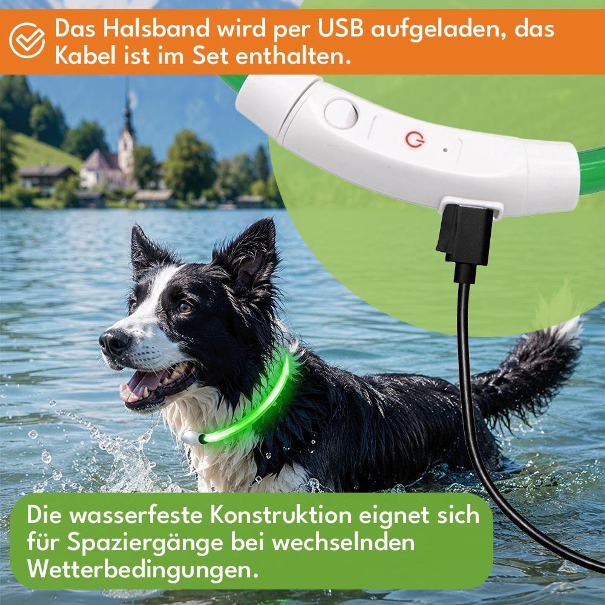 KRUMAD LED Hundehalsband Grün 70 cm, USB aufladbares Leuchthalsband für Hunde, 3 Lichtmodi, verstellbar, bis 6h Leuchtdauer