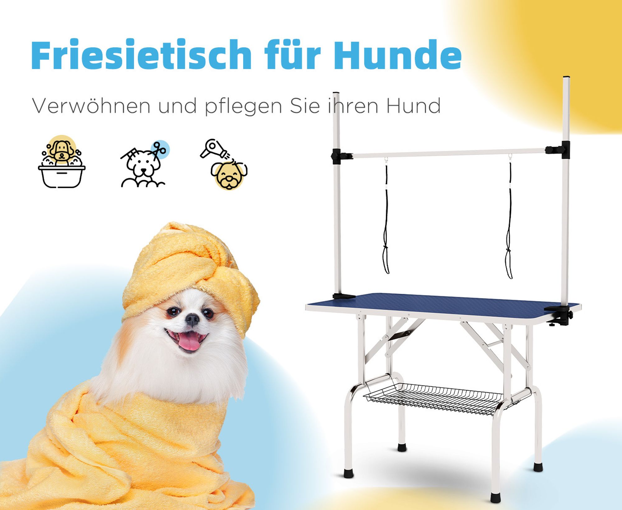 PawHut Trimmtisch Schertisch für Hunde höhenverstellbar mit Unterkorb Blau