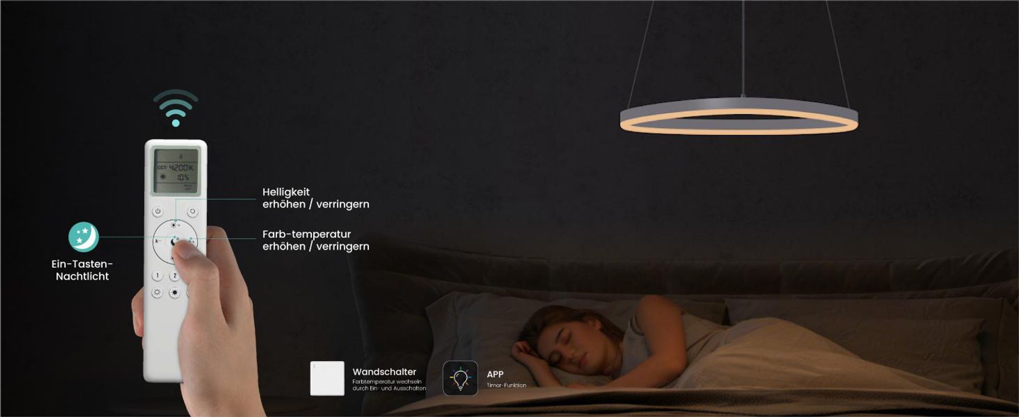 Mai & Mai Pendelleuchte 50cm LED Hängelampe Dynamisches Wellendesign 3000K/4000K/6000K Verstellbares Kabel 15W Schwarz Hängeleuchte Luvina06