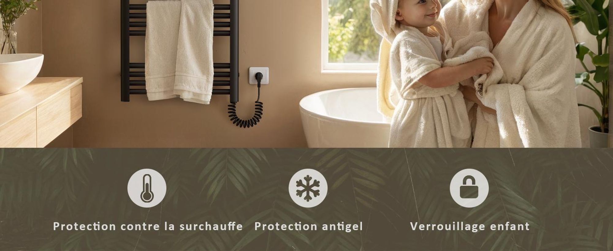 EMKE Sèche-serviettes électrique 1200x400 mm, 450W noir avec minuterie tactile et programmation hebdomadaire, radiateur de salle de bain