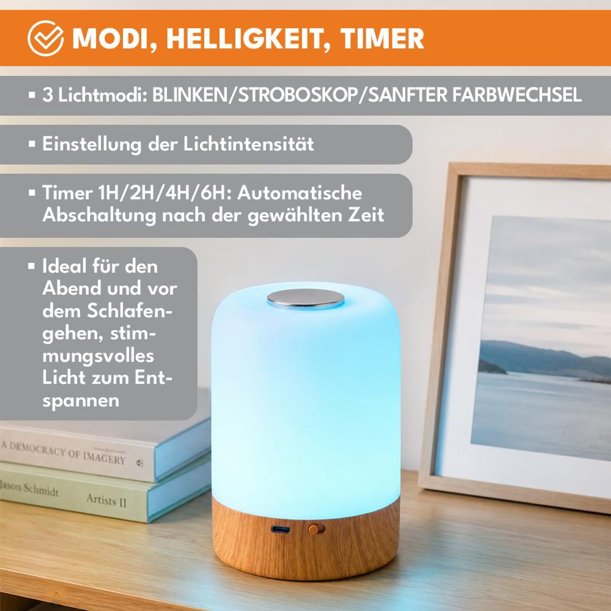 KRUMAD LED Tischlampe mit 13 Farben, Nachtlicht, Touch Steuerung und Fernbedienung, Holzoptik, dimmbare Nachttischlampe USB für Schlafzimmer