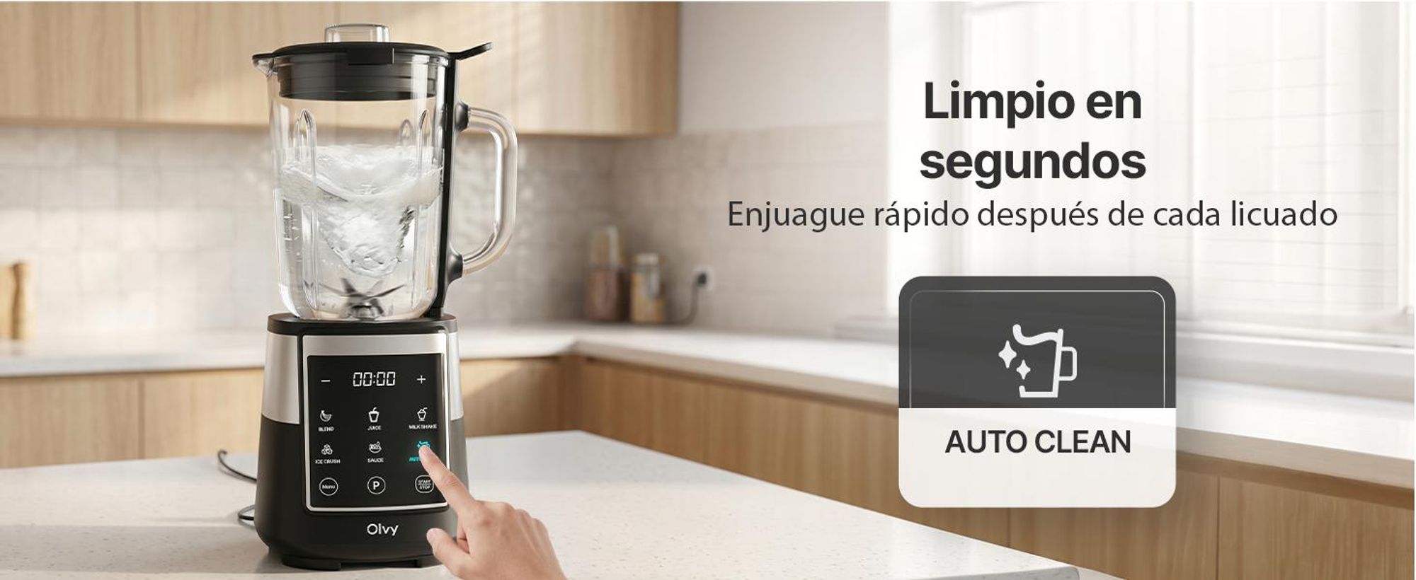 Olvy, batidora con recipiente de vidrio de 1,5 litros, vaso de Tritan de 600 ml, mezclador con pantalla táctil, función de pulsación y autolimpieza. Ideal para preparar batidos y triturar hielo