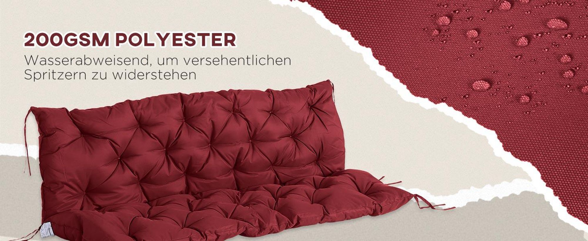 Outsunny 3 Sitzer Bankauflage 150 x 98 x 8 cm, Bankkissen mit Bändern, Sitzkissen, Outdoor/Indoor Stuhlkissen, Sitzauflage, Sitzpolster für Gartenmöbel, Fensterbank Sitzbank, Hollywoodschaukel, Rot