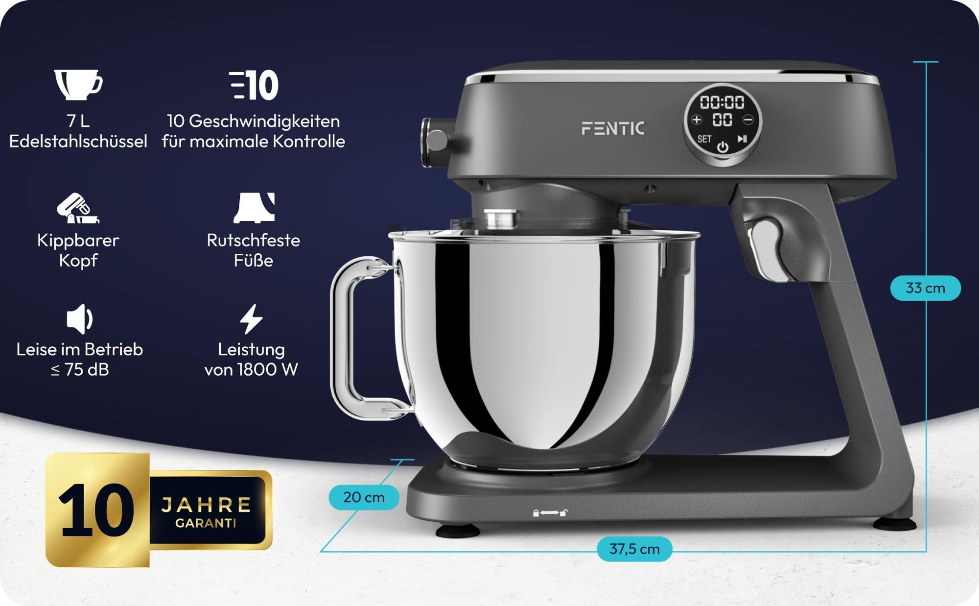 Fentic Küchenmaschine 1800W, 7L Edelstahl-Rührschüssel, Knetmaschine für Brotteig & Pizzateig, Planetenrührwerk, 10 Stufen Timer & Spritzschutz