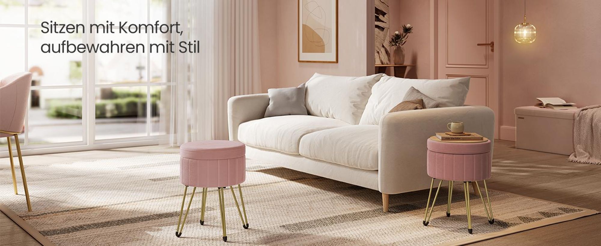 SONGMICS Sitzhocker, Hocker mit Stauraum, Samt Schminkhocker, runder Sitzhocker, 39 cm d, 44,4 cm H, 4 Metallbeine, für Ankleidezimmer, Wohnzimmer
