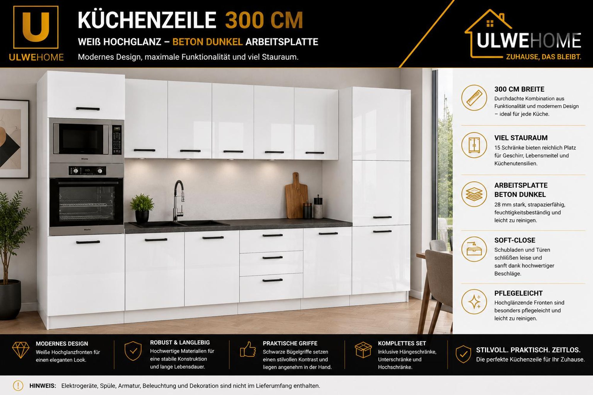 Küchenzeile 300 cm Weiß Hochglanz mit Arbeitsplatte Beton Dunkel & Hochschrank