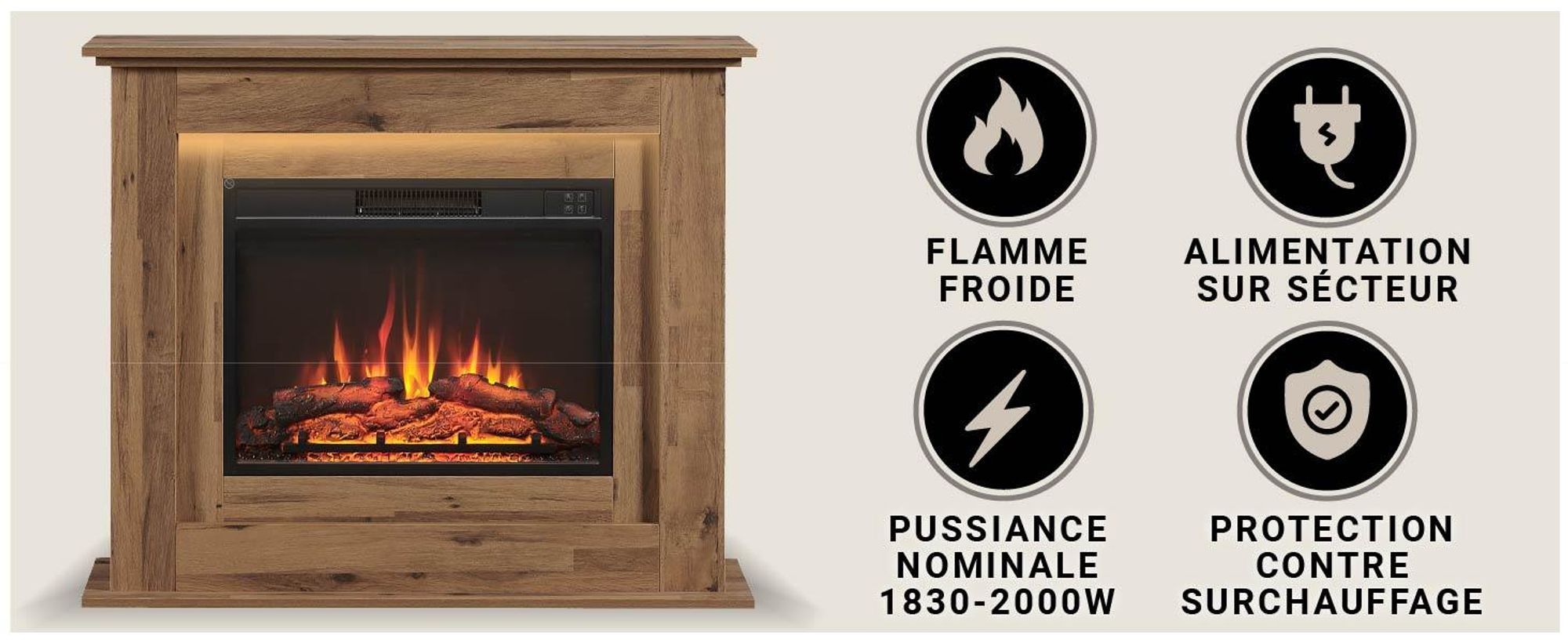 Cheminée électrique sur pied BALDERIA Finn – Puissance de chauffage jusqu'à 2 000 W, chêne foncé