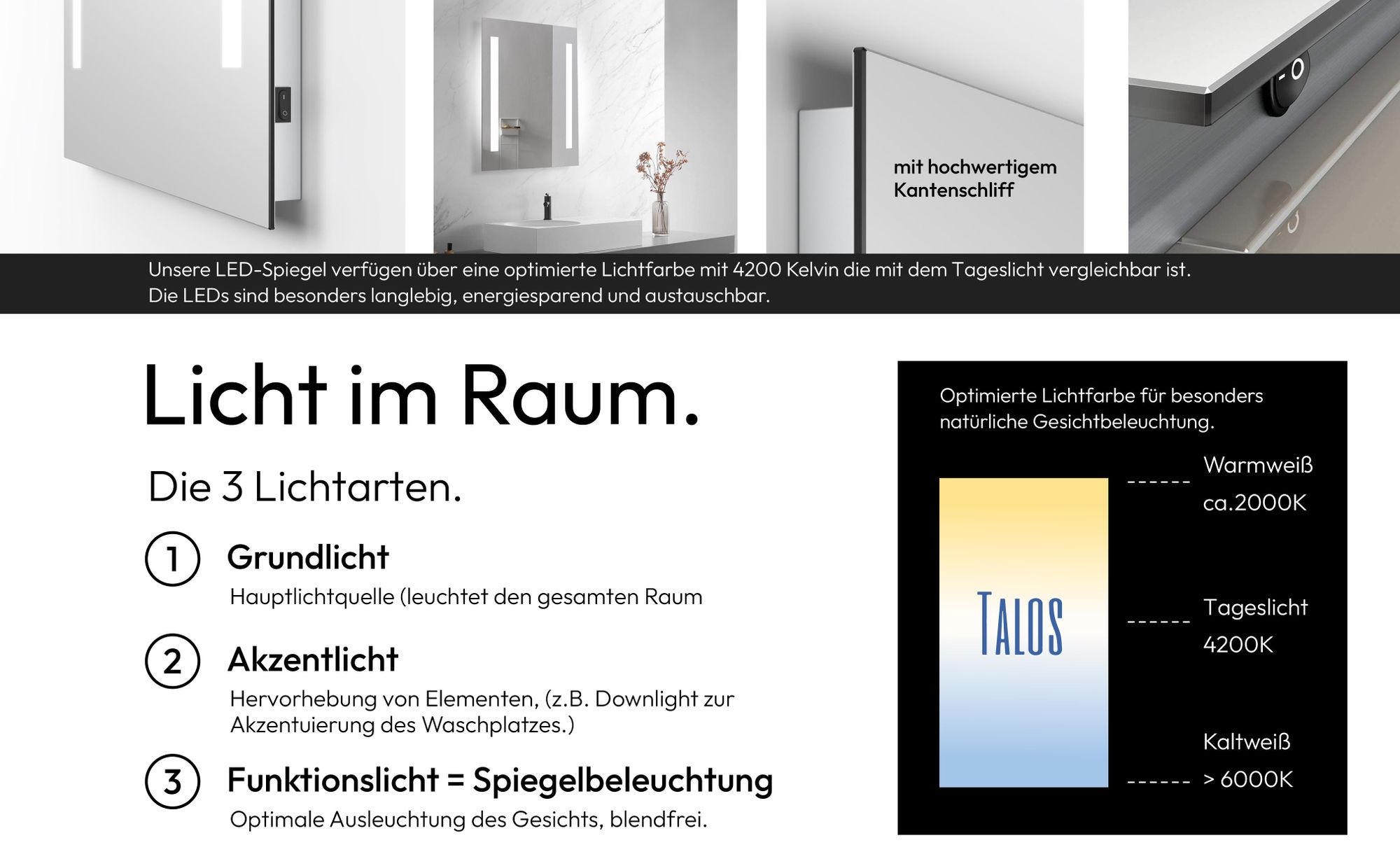 Badspiegel mit LED Beleuchtung 50x70 cm – TALOS Horizon Badezimmerspiegel, Wandspiegel Neutralweiß, feuchtraumgeeignet mit Aluminiumrahmen