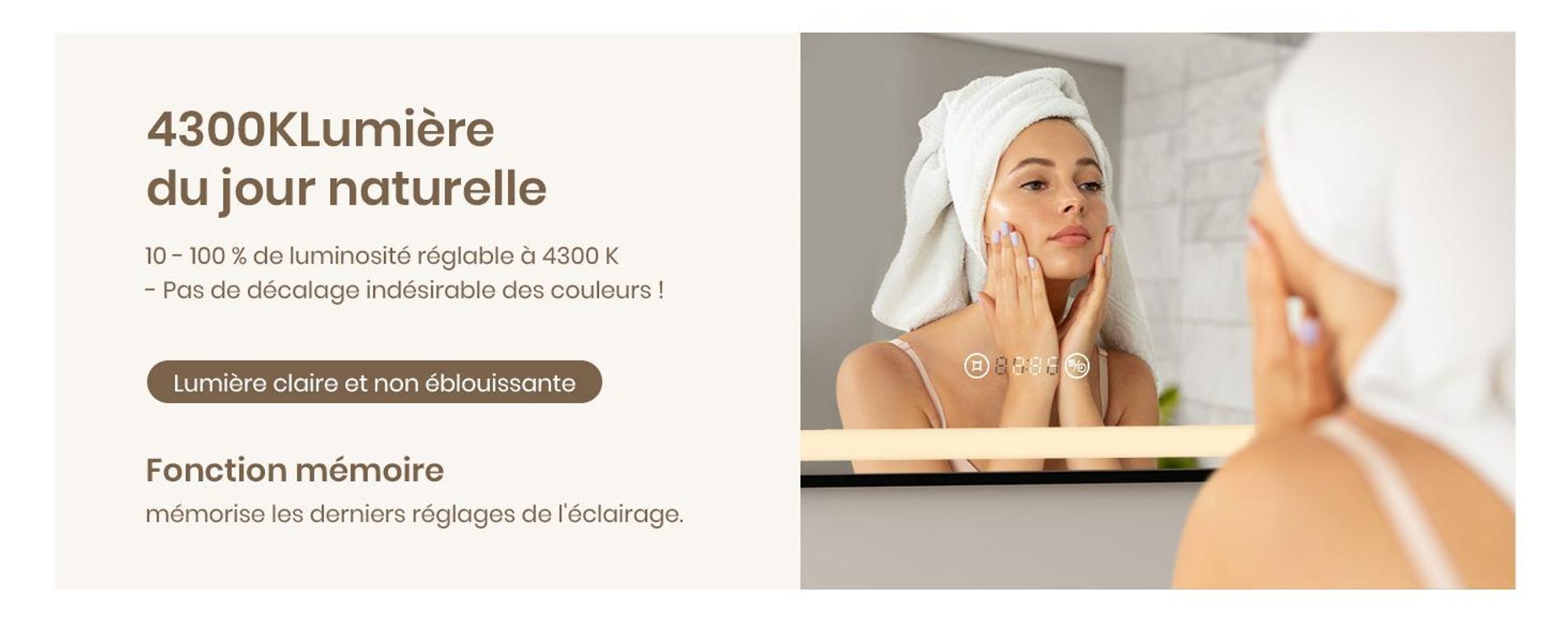 EMKE Miroir de salle de bain LED avec éclairage, 100x70 cm, miroir de salle de bain à intensité variable avec horloge et fonction antibuée, cadre noir