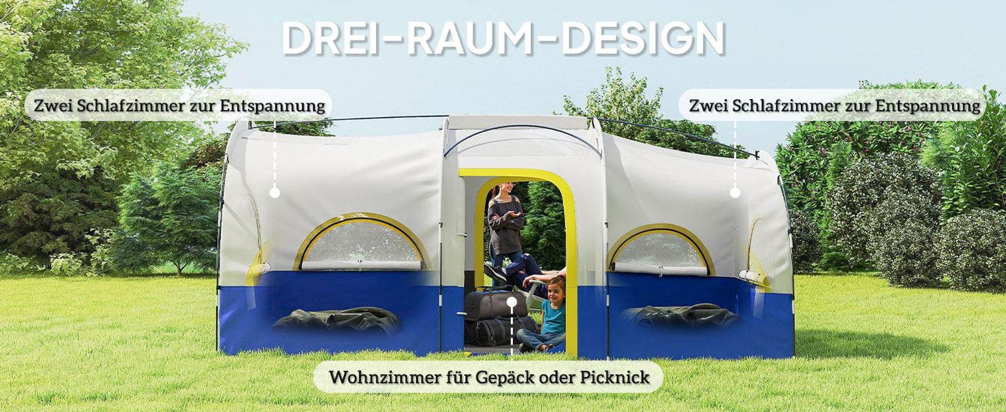 Outsunny Tunnelzelt Wetterfest Campingzelt für 4 Personen mit 3 Raum Meshfenster