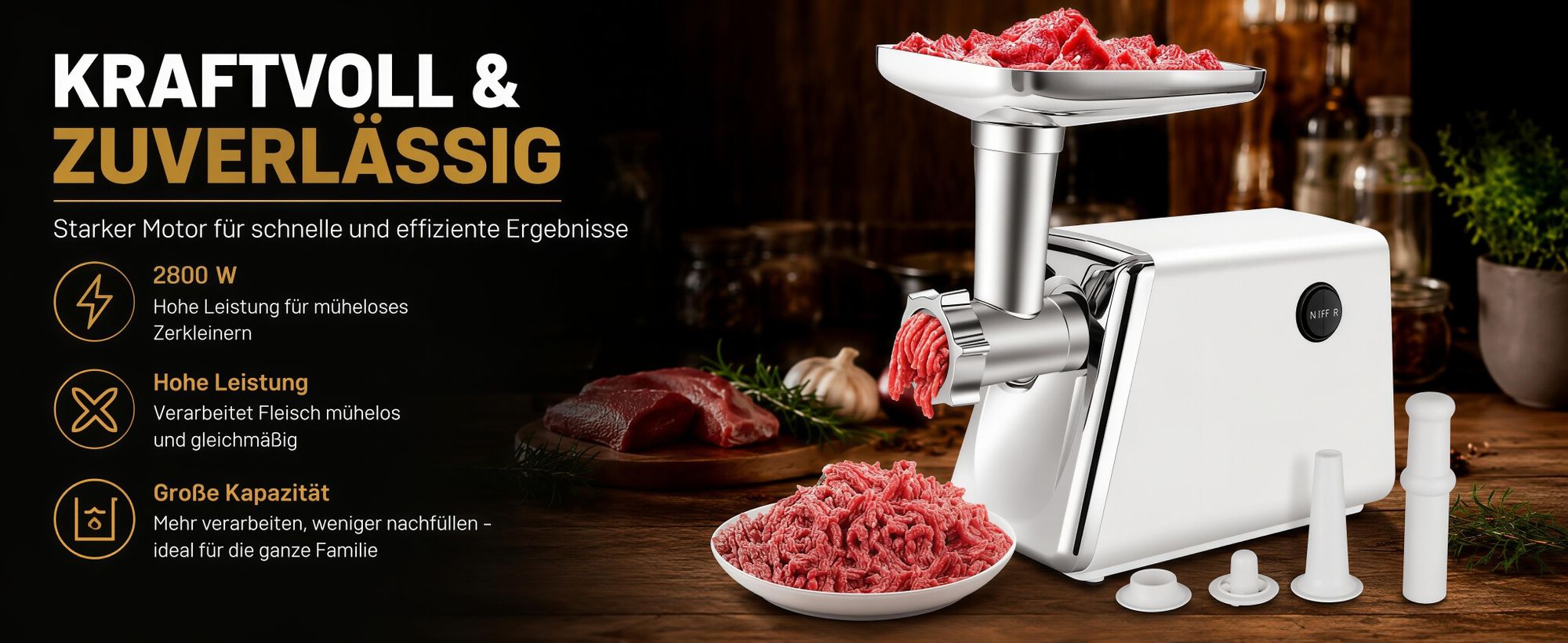 2800W Elektrischer Fleischwolf, 3in1 Multi Küchenmaschine,Super-intelligenter Wärmeschutz,Wurstmaschine mit 3 Lochscheiben, 4 Kegel-Klingen
