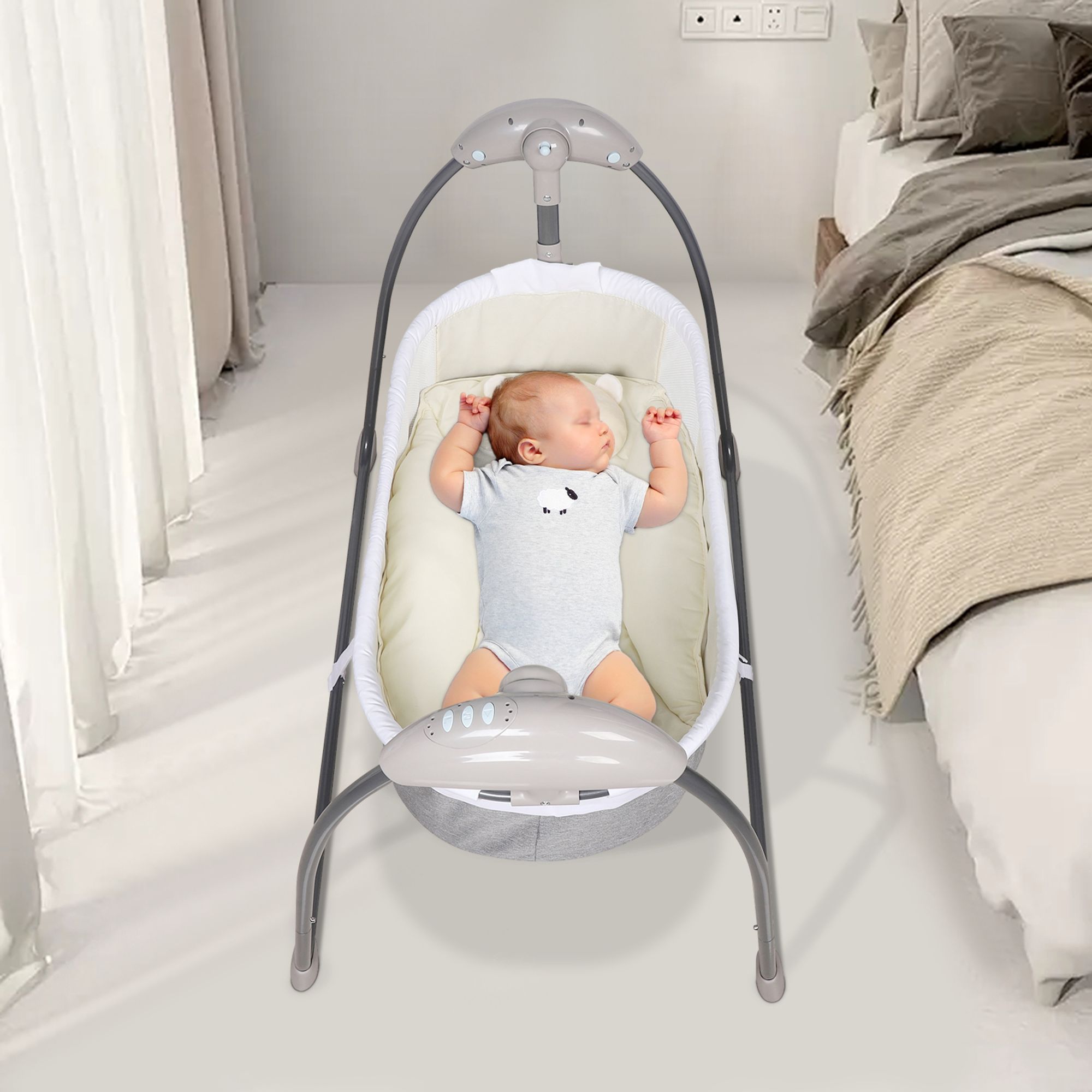 Elektrische Automatische Babywippe 3-Gang-Schaukel mit Fernbedienung Timing Bluetooth bis 9kg (grau)