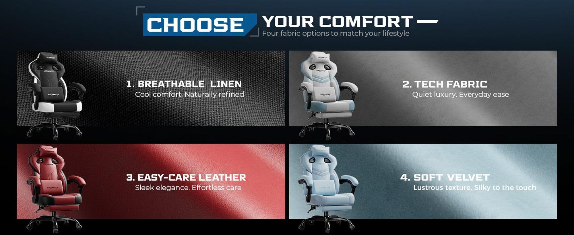 LUCKRACER Gaming stoel, bureaustoel met verbonden armleuningen, memory foam kussens, een kantelbereik van 90–155° en een voetsteun, gemaakt van duurzaam materiaal