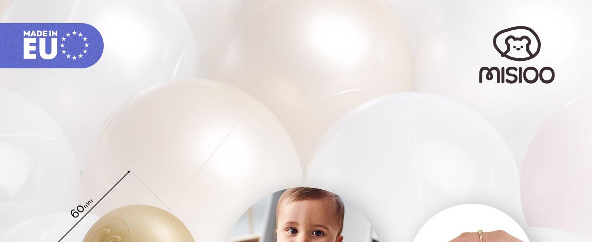 MISIOO Bälle für Bällebad 150 Stück - Bälle Ø 6 cm - Plastikbälle aus 100% LDPE - Hellrosa/Perlen/Gold - Perfekt für sicheres Spielen im Kinderzimmer