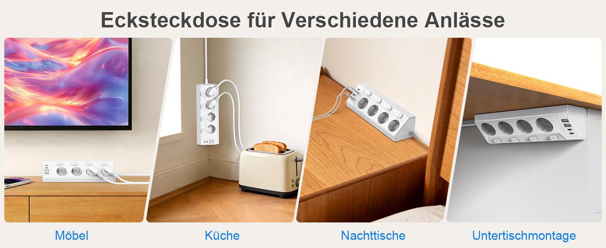 Steckdosenleiste, Steckdosenblock, Ecksteckdose, Mehrfachsteckdose, 4-fach Rund Mehrfachstecker, 4 USB (2 USB C), 2M Verlängerungskabel