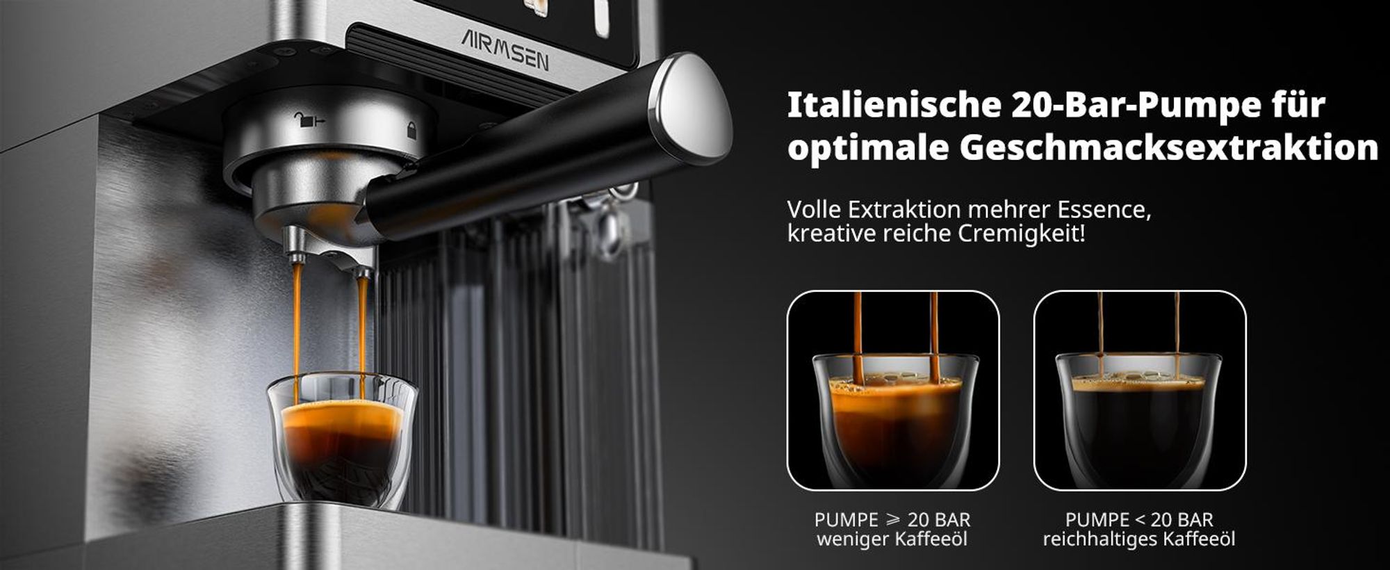 AIRMSEN Espressomaschine,20Bar,mit Milchsystem,Kaffeemaschine mit Touchscreen,Heiß-und Kalt-Extraktion,Bedienung per Knopfdruck,automatische Reinigung