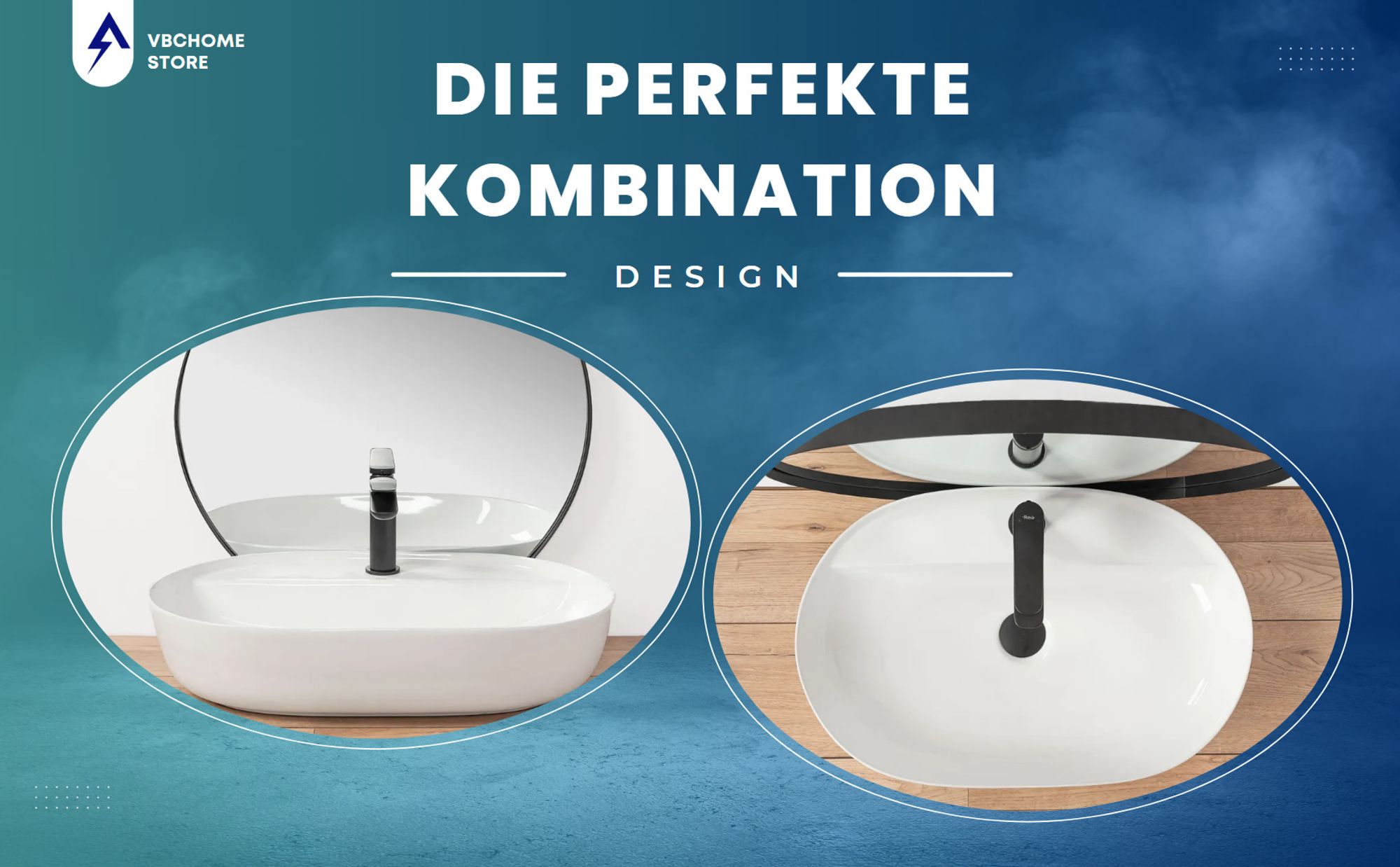 VBChome Badmöbel 60 cm Weiß Aufsatzwaschbecken mit Hahnloch 60x40 cm Aufsatzwaschtisch mit Waschbeckenunterschrank 2 Schubladen Badezimmerschrank