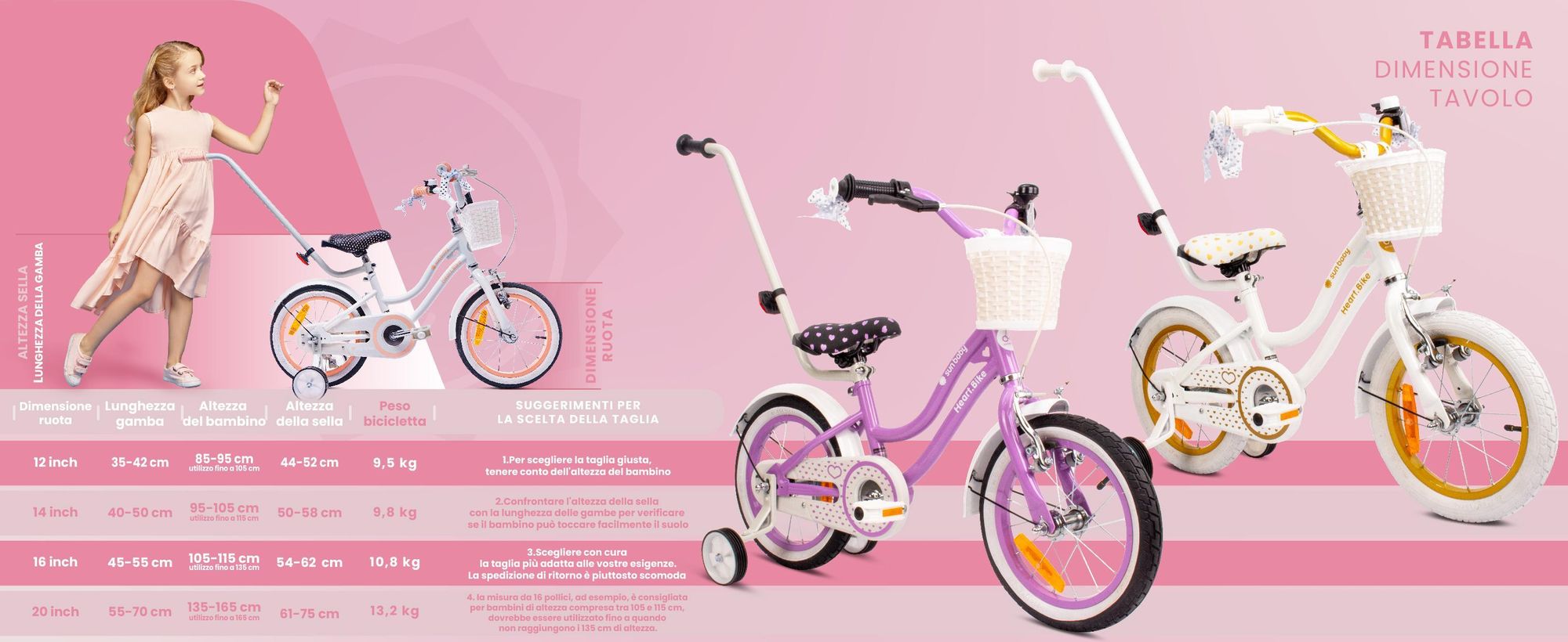 SUN BABY Heart Bike: bicicletta per bambine da 12 pollici, a partire dai 2 anni, con rotelle, manubrio di spinta rimovibile, cestino, campanello, freno a contropedale e freno V-brake