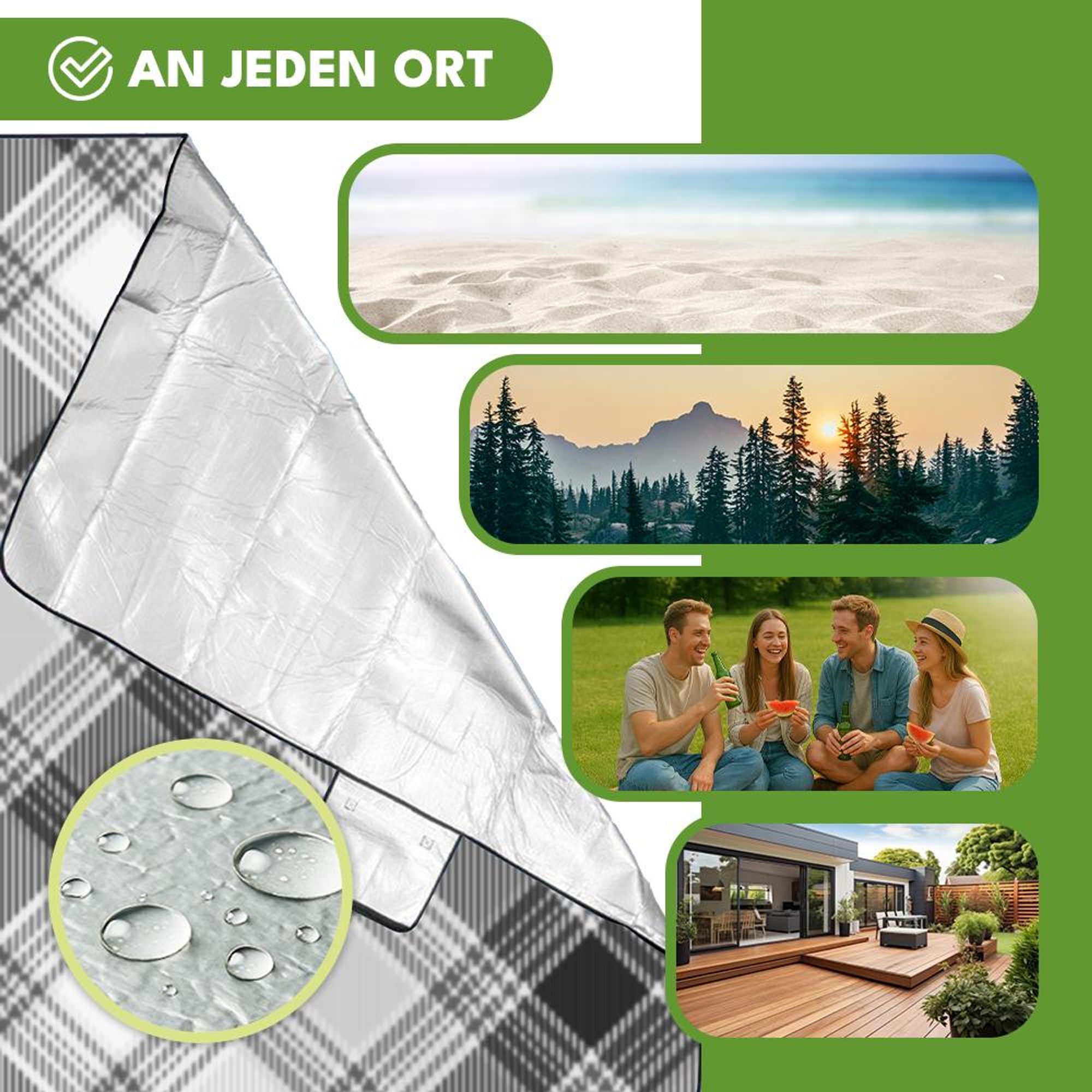 KRUMAD Picknickdecke Wasserdicht 200x200 cm XXL Isoliert Outdoor Campingdecke Faltbar mit Tragegriff Grau Schwarz