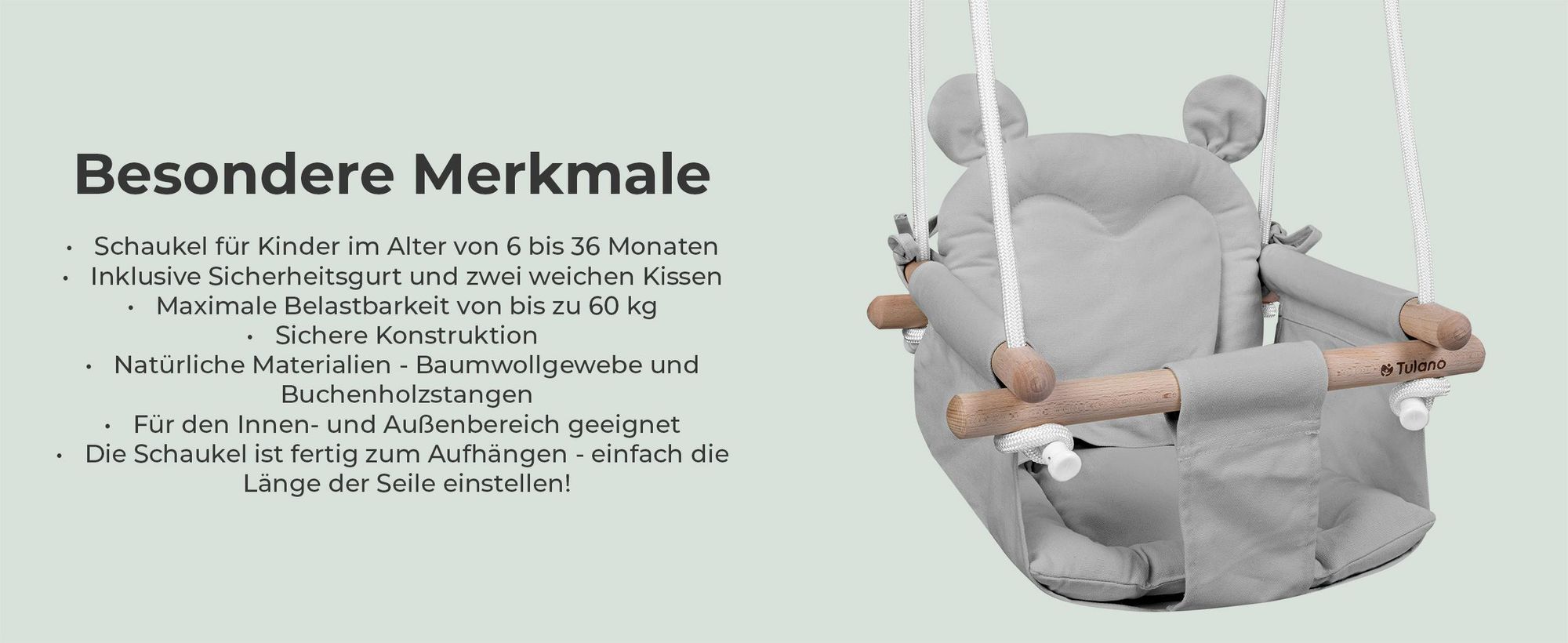 Tulano Hop 30 | Bär Babyschaukel Kinderschaukel | Indoor Outdoor | Sicherheitsgurt | Tragfähigkeit bis 60kg | von 6 bis 36 Monaten | aus Holz | Grau