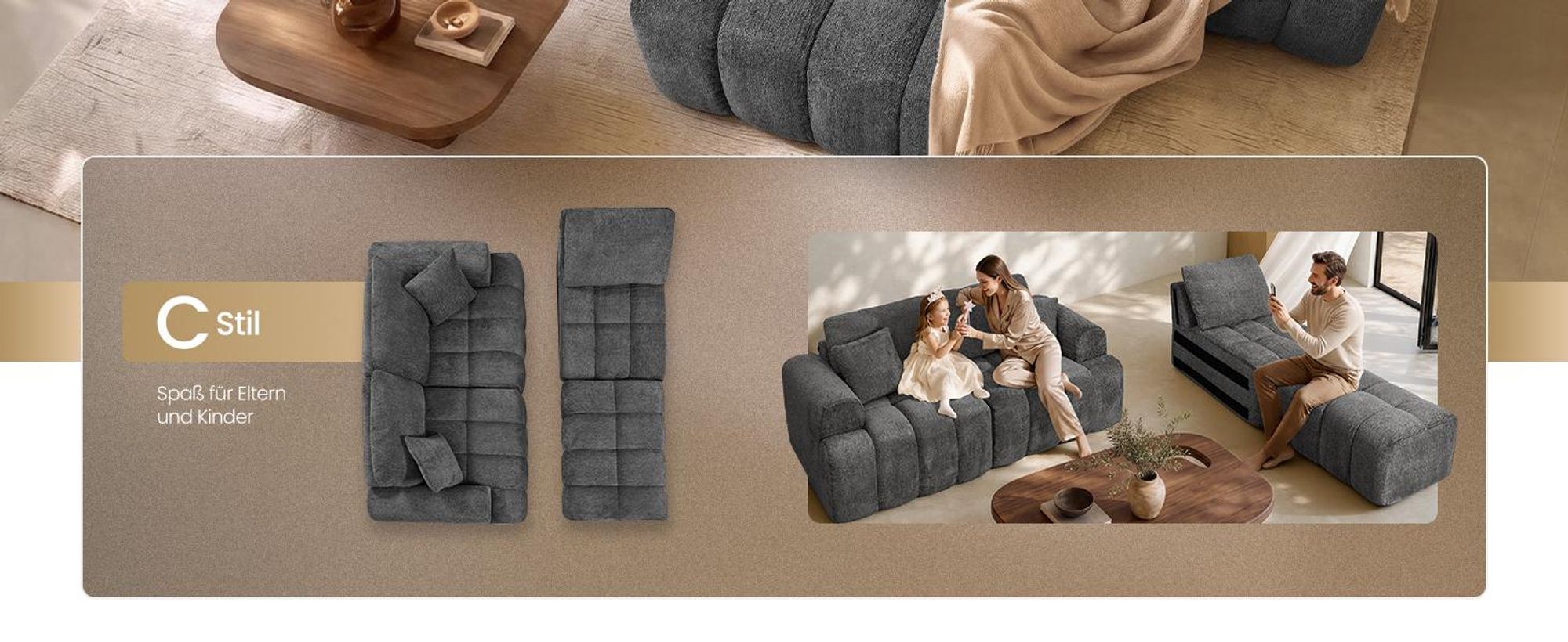 VASAGLE Modulares Sofa und Hocker Set, Chenille, Grau