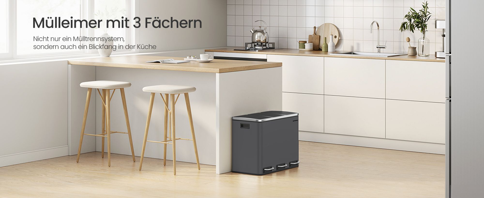 Mülleimer Küche, 3 x 18 L, Mülltrennsystem 3 Fächer, Abfalleimer