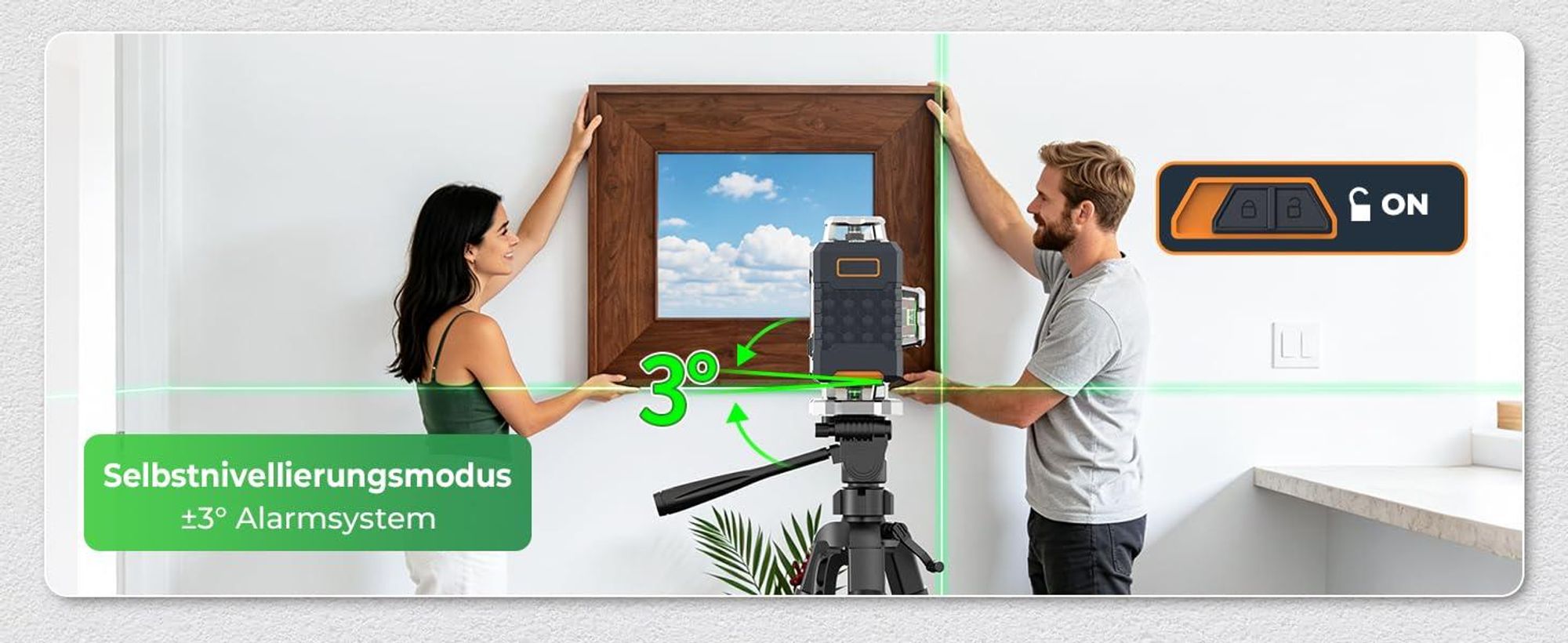CIGMAN CMG16T Kreuzlinienlaser 4 x 360 Grad mit Stativ – App, Grün, IP54
