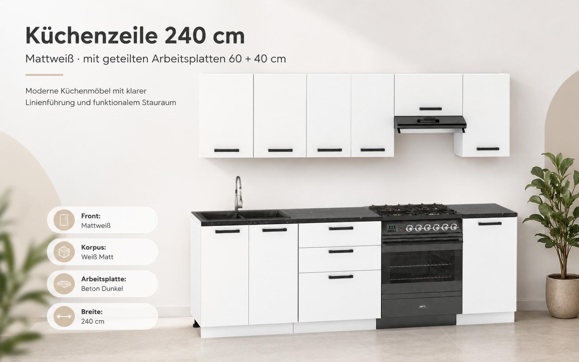 240 cm Küchenzeile in Mattweiß mit weißem Korpus und Arbeitsplatten 60 + 40 cm in Beton Dunkel.