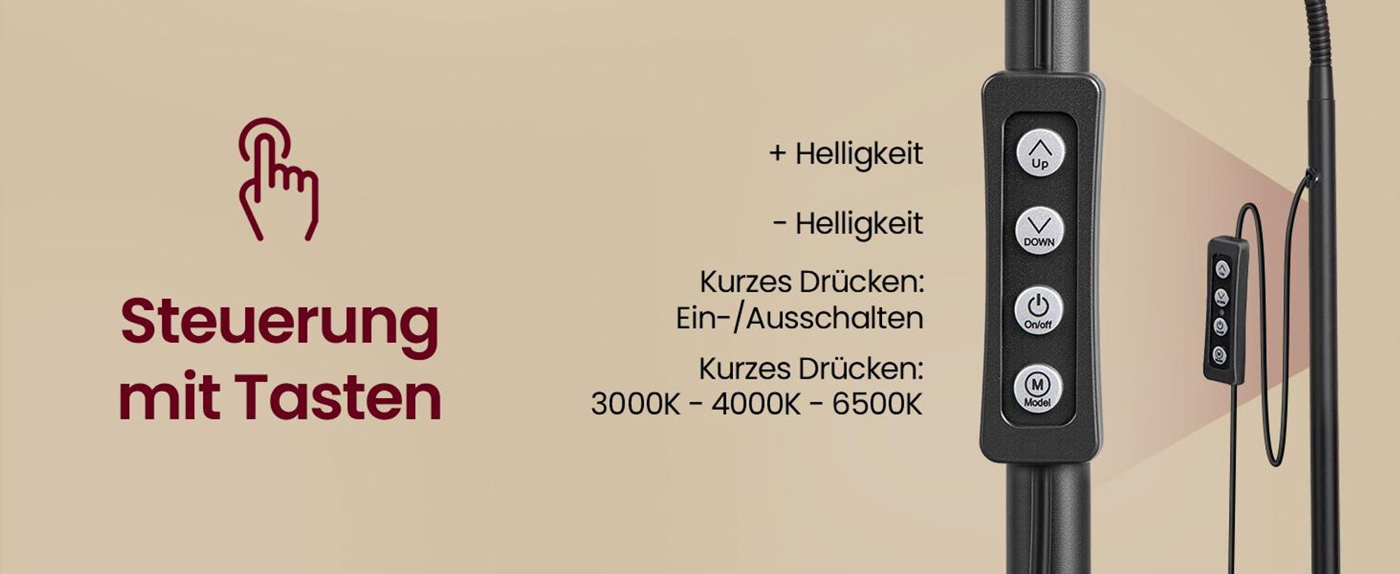 VASAGLE Stehlampe LED Dimmbar Leselampe 360° Drehbar für Wohnzimmer 22 x 22 x 170 cm Schwarz