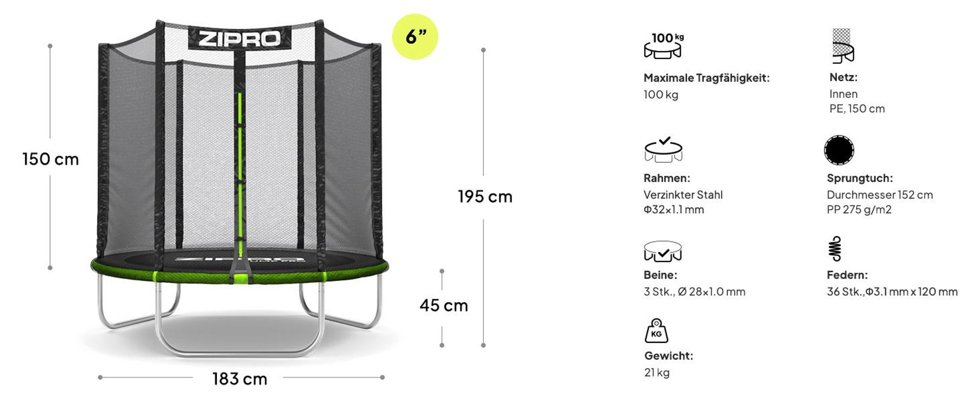 ZIPRO Trampolin Jump Pro Out | 6FT Ø 183 cm | Gartentrampolin Kindertrampolin Komplett-Set inkl. Außennetz, Randabdeckung, Outdoor, Grün
