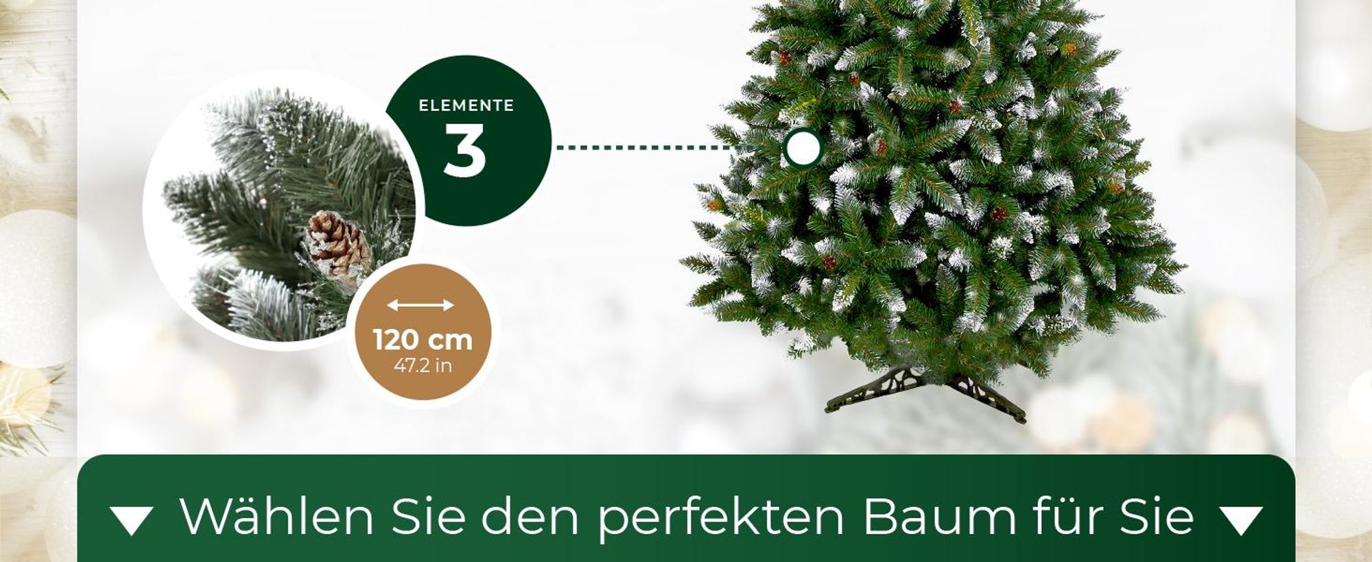 KADAX künstlicher Weihnachtsbaum mit Raureif und Zapfen 220 cm, grün Tannenbaum mit 521 Zweigen