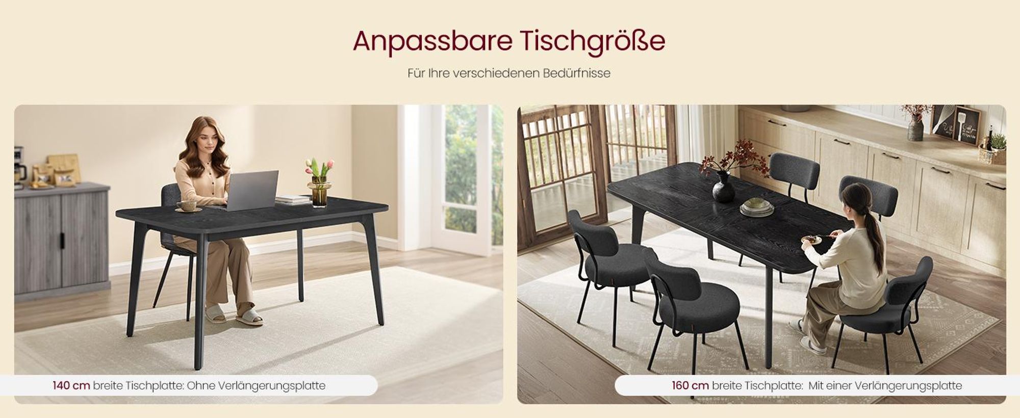 VASAGLE Essgruppe, 1 Küchentisch mit 4 Stühlen, Esszimmer-Set, Schwarz