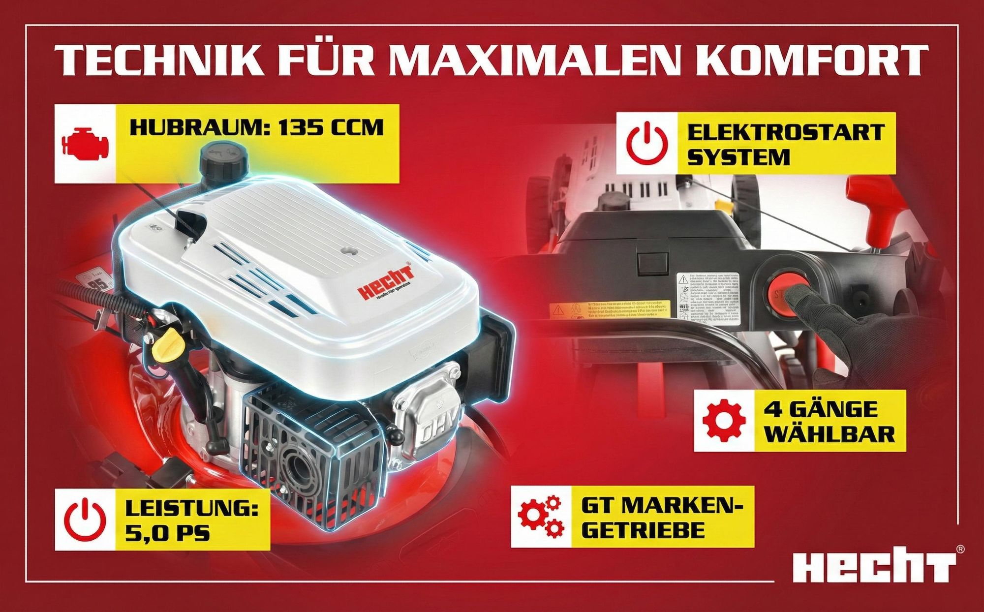 HECHT 5484 SXE Rasenmäher Benzin | mit Antrieb | Elektrostart | 46 cm Schnittbreite | 5 PS | 5in1 | 60L Fangkorb