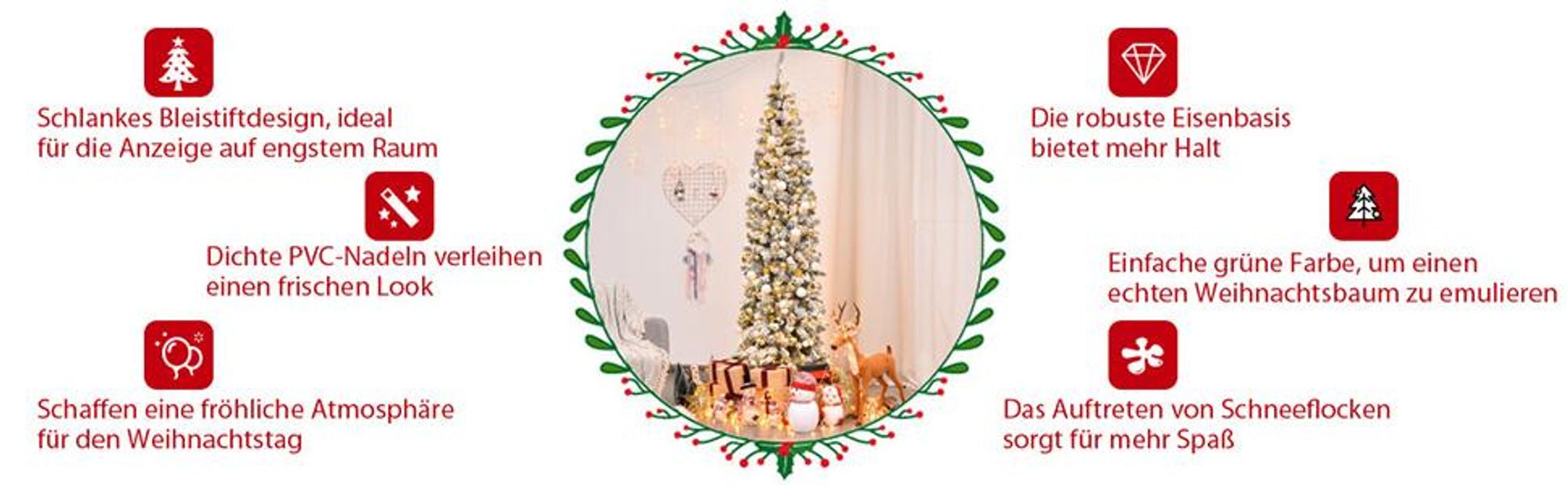 COSTWAY Bleistift Weihnachtsbaum 180cm, künstlicher Tannenbaum 500 PVC Nadeln mit Schnee, Christbaum Kunstbaum mit 250 warmweißen LEDs & Metallständer