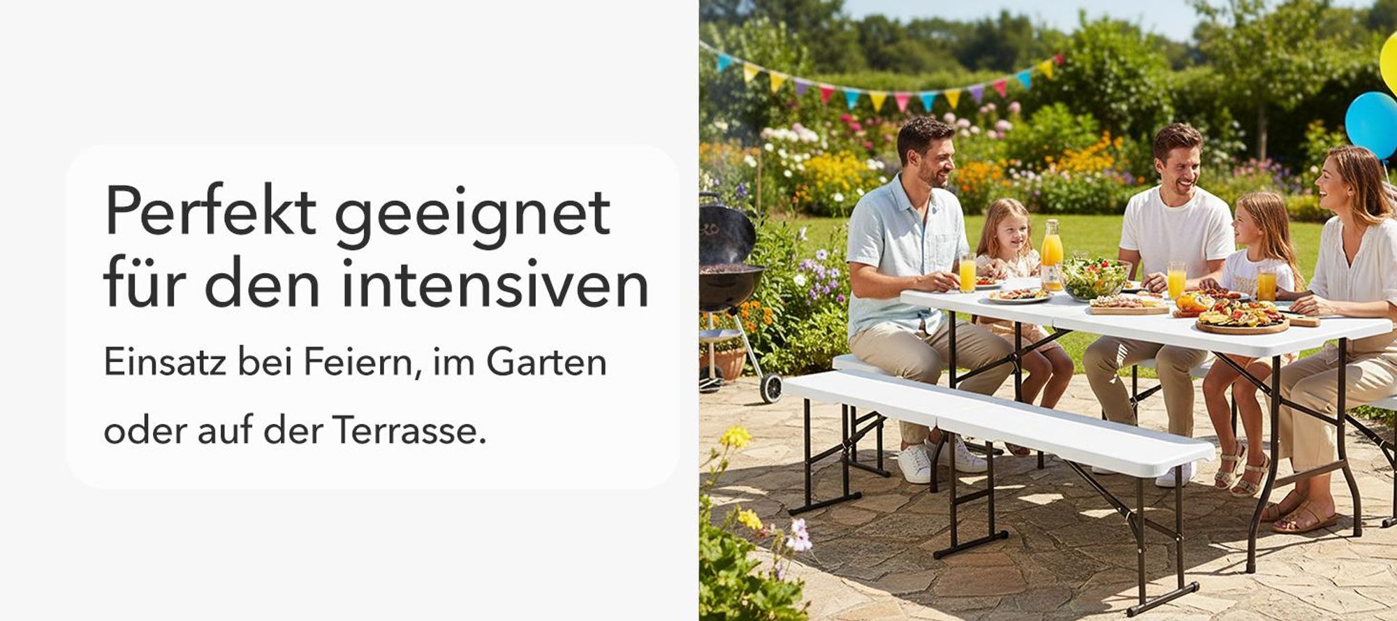 Floordirekt Gartenbank Chiba klappbare Sitzbank wetterfest 183 cm in Weiß für Garten, Balkon & Events