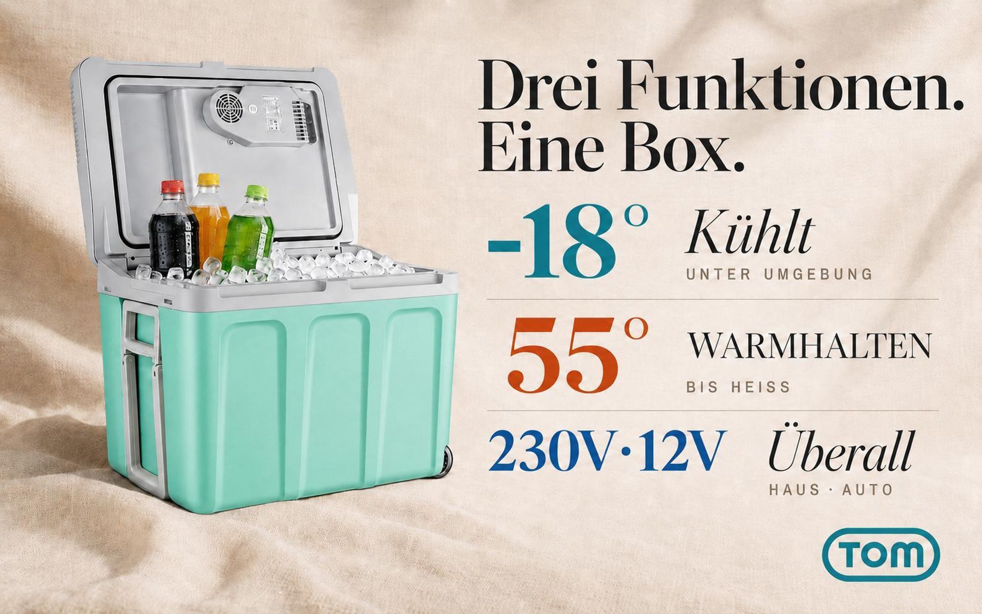 Kühlbox mit Handtuch 40 Liter | TOM CB-400 | Kühlen & Warmhalten | 230V 12V | 56×41×39 cm (B×H×T)