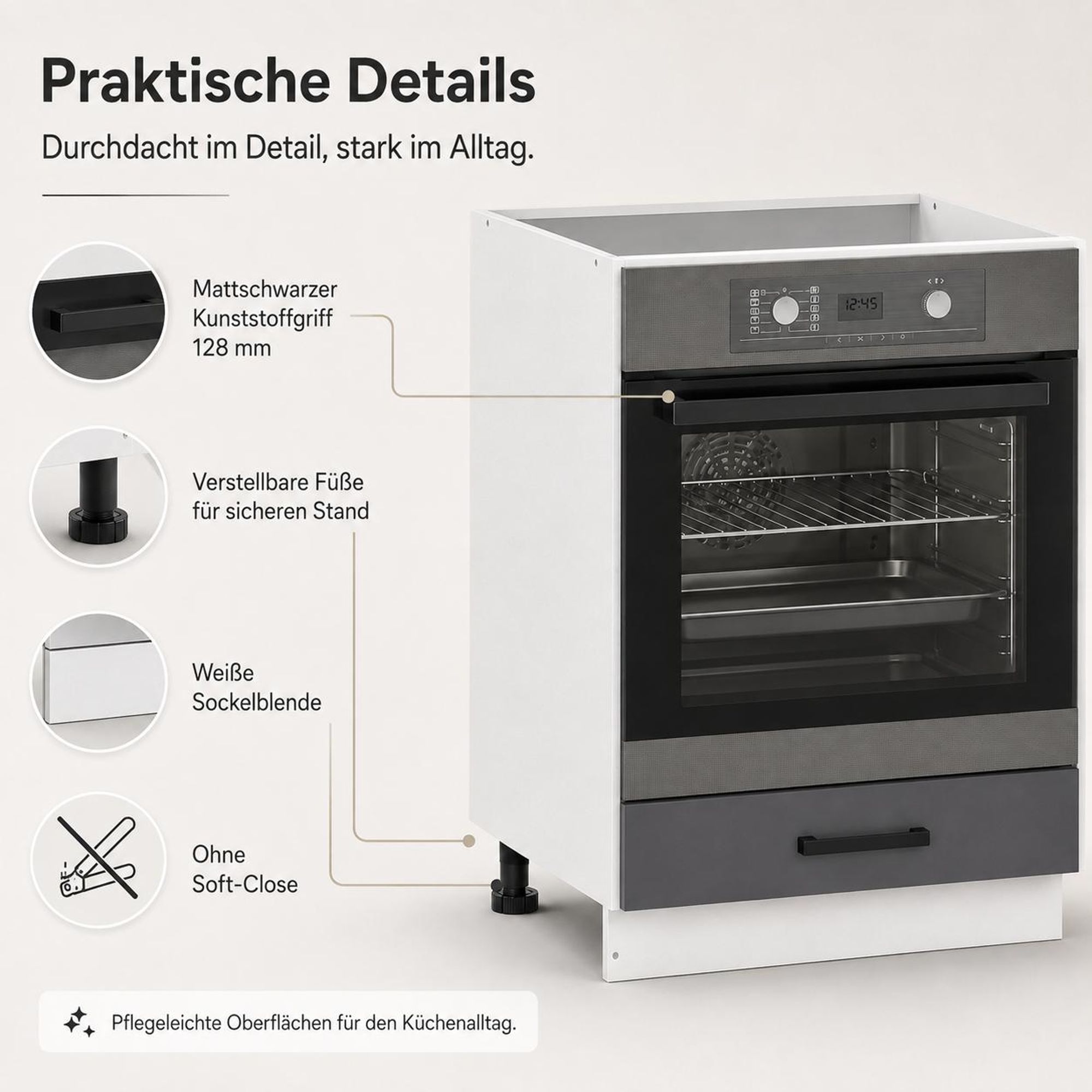 Herd-Unterschrank 60 cm Anthrazit: Technische Übersicht & Bemaßungsskizzen.