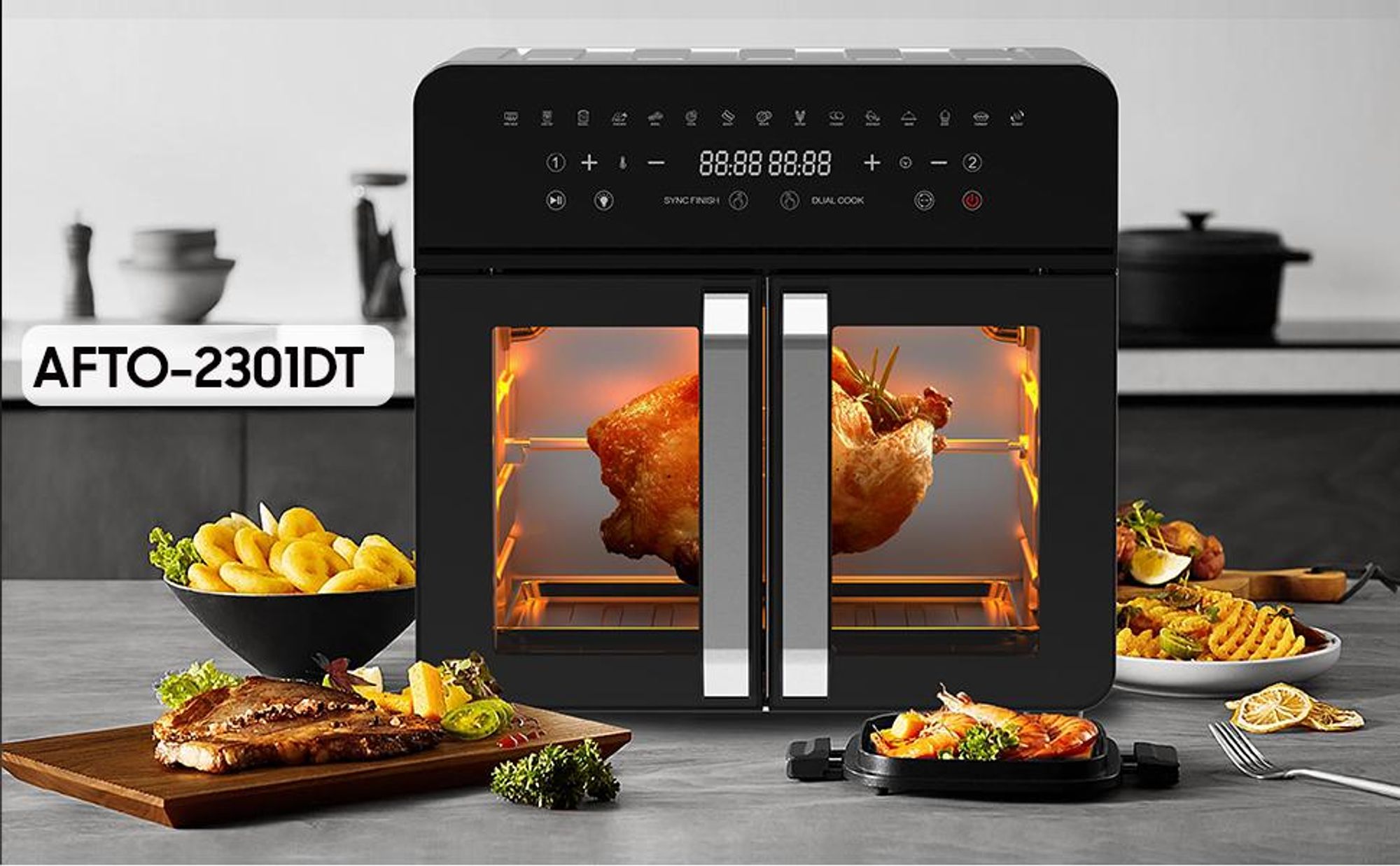 23L Friggitrice ad aria calda Mini Forno Friggitrice, Enfisismo Doppia Zona XXL Friggitrice ad aria calda con LED Touch Screen 15 Programmi