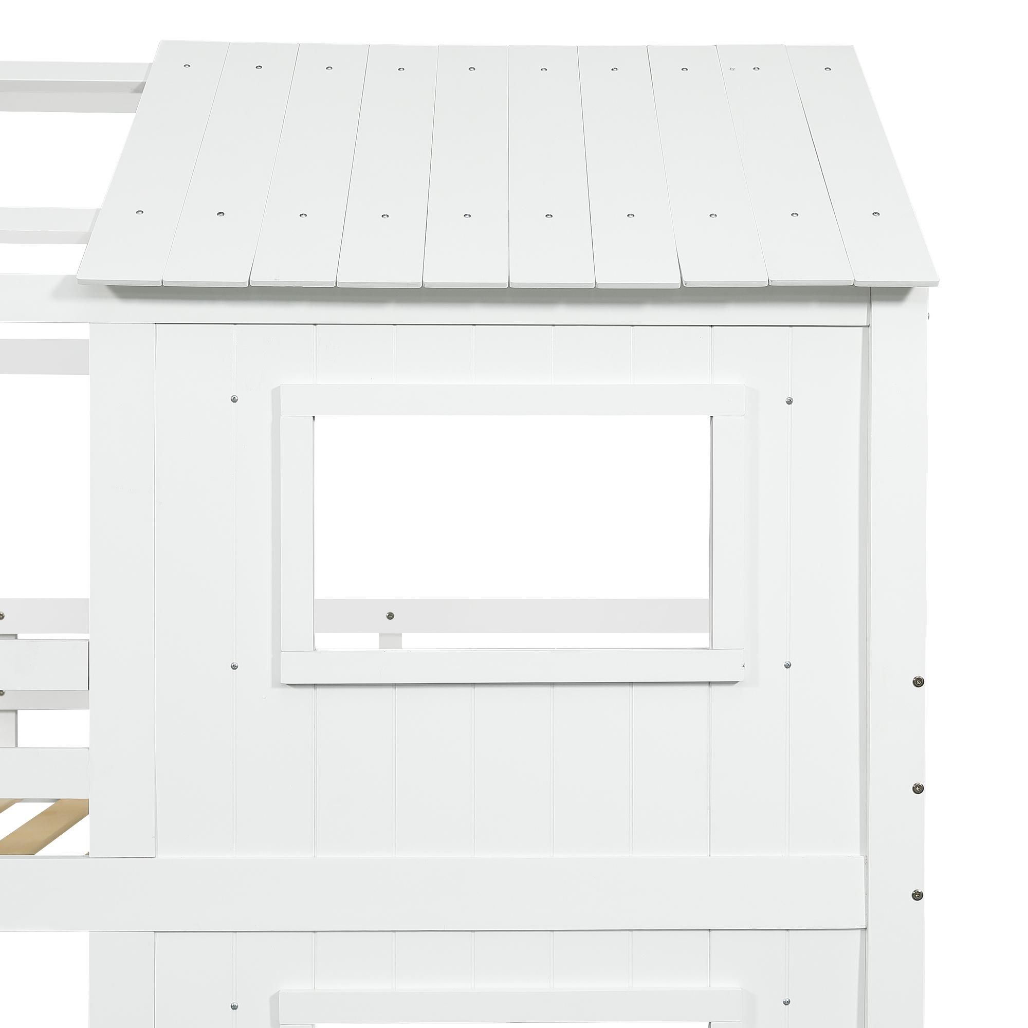 Flieks Etagenbett 90x200cm mit 2 Schubladen, Kinderbett Hausbett mit Fenster und Rausfallschutz, Hochbett Einzelbett 2 Kinder, Weiß