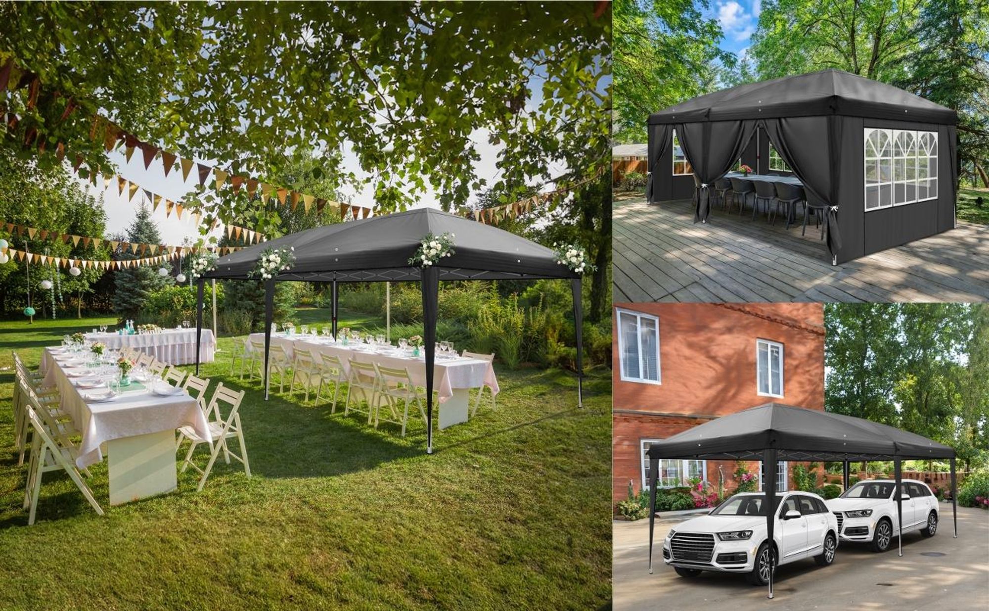 LEADZM Pavillons & Partyzelte 3x6m, Festzelt Faltpavillon Gartenzelt für Garten Terrasse Feier Party, Wasserdicht & UV-Schutz mit 6 Seitenteilen,schwarz