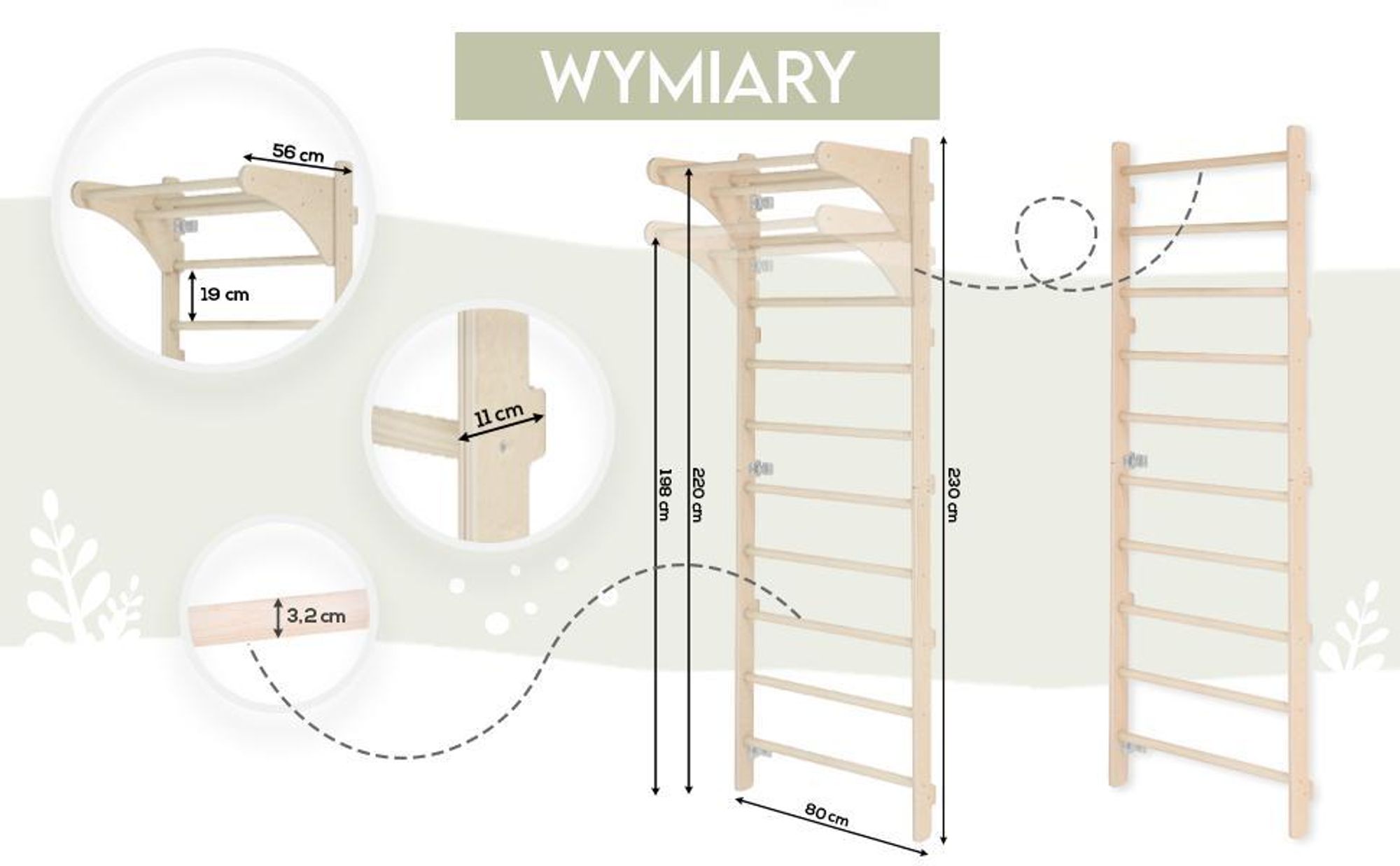 MAMOI Drabinka gimnastyczna naścienna z uchwytem dla dorosłych – drewniana drabinka treningowa (230 cm), Sprzęt fitness, Wielofunkcyjna drabinka