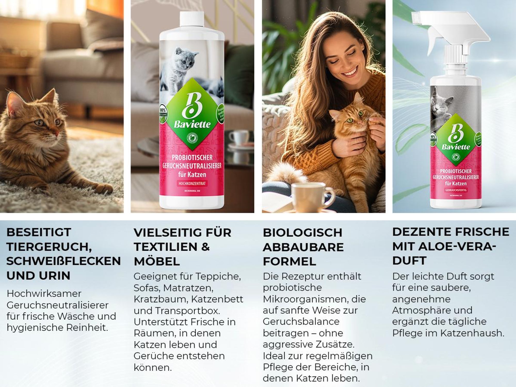 Baviette Geruchsentferner Katze 500 ml Konzentrat – Geruchsneutralisierer mit Mikroorganismen für Katzenklo, Teppich, Möbel & Auto