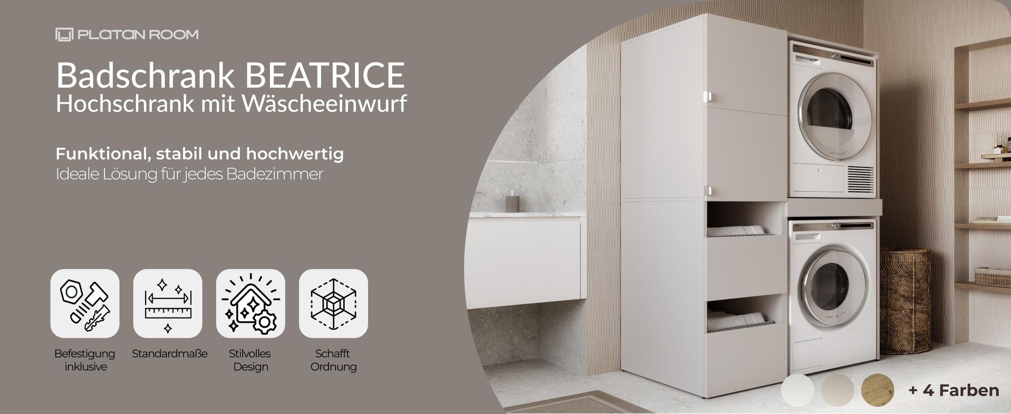 Hochschrank Badschrank Beatrice 187 x 45 x 65 cm Wäscheschrank Badregal Schrank für das Badezimmer Weiß